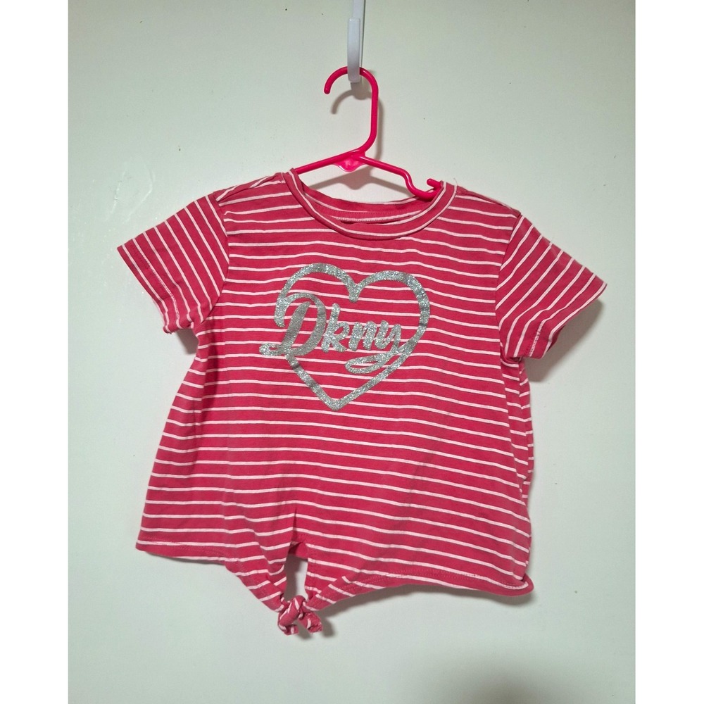 DKNY Girls 3T Striped Shirt Pink White Heart Graphic Logo Front Tie Hem Top